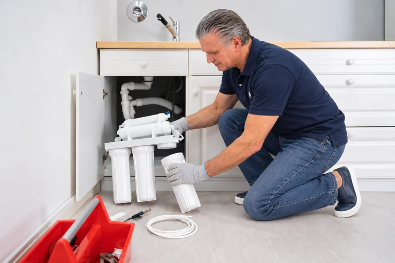 Illustrative image of Colin servicing an under-sink water filter